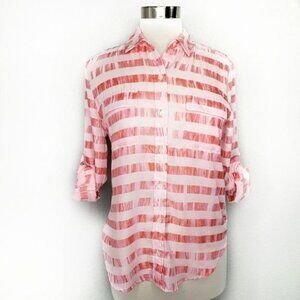 Calvin‎ Klein Womens Sheer Coral Pink Striped Button-Down Blouse S